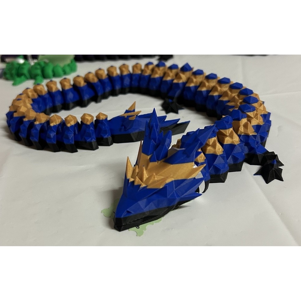 3D Printed Fully Articulated Dragon Blue Gold Fidget Toys Home Office Decor 24 "